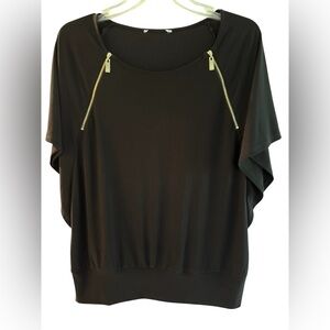 Chaus Elegant Black Top with Gold Zipper Accents and short angel sleeves Large